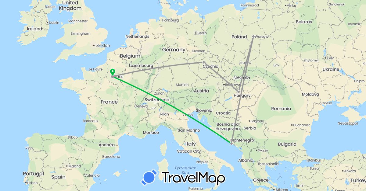 TravelMap itinerary: driving, bus, plane in Czech Republic, France, Croatia, Hungary, Poland (Europe)