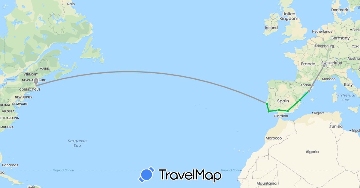 TravelMap itinerary: driving, bus, plane in Switzerland, Spain, Portugal, United States (Europe, North America)